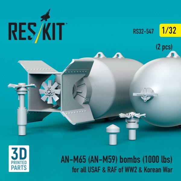 RESKIT RS32-0547 AN-M65 (AN-M59) bombs (1000 lbs) for all USAF &amp; RAF of WW2 &amp; Korean War (2 pcs) (3D Printed) 1/32