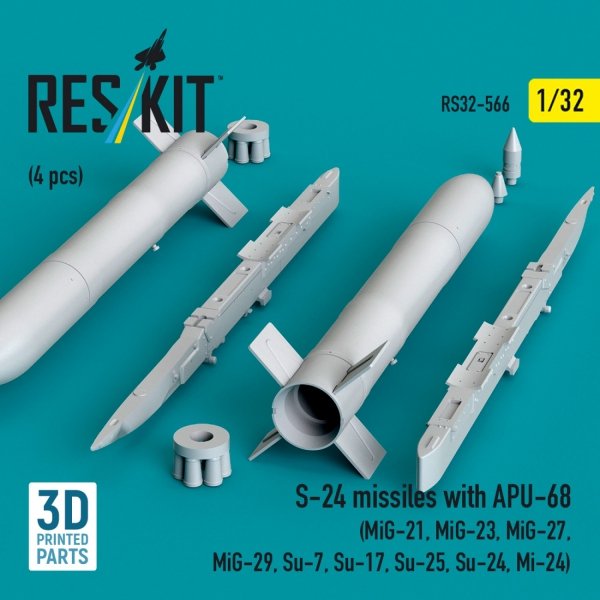RESKIT RS32-0566 S-24 missiles with APU-68 (4 pcs) (MiG-21, MiG-23, MiG-27, MiG-29, Su-7, Su-17, Su-25, Su-24, Mi-24) (3D Printed) (1/32)
