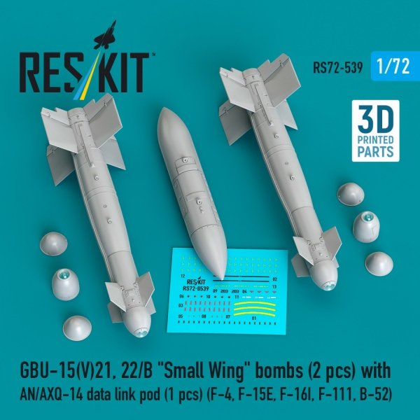 RESKIT RS72-0539 GBU-15(V)21,22/B "Small Wing" bombs (2 pcs) with AN/AXQ-14 data link pod (1 pcs) (3D Printed) 1/72