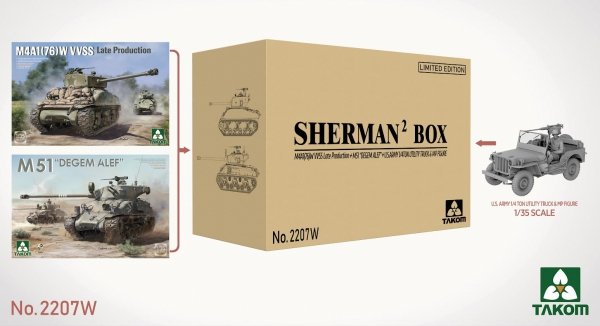 Takom 2207W SHERMAN² BOX M4A1(76W) VVSS Late Production+M51 "DEGEM ALEF"+US ARMY 1/4TON UTILITY TRUCK &amp; MP FIGURE 1/35