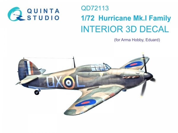Quinta Studio QD72113 Hurricane Mk.I family 3D-Printed coloured Interior on decal paper (Arma Hobby) 1/72