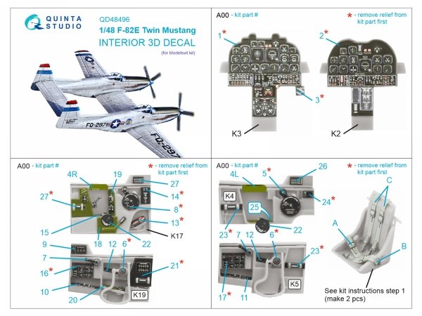Quinta Studio QD48496 F-82E Twin Mustang 3D-Printed coloured Interior on decal paper (Modelsvit) 1/48