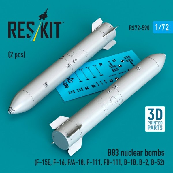 RESKIT RS72-0590 B83 nuclear bombs (2 pcs) (F-15E, F-16, F/A-18, F-111, FB-111, B-1B, B-2, B-52) (3D Printed) (1/72)