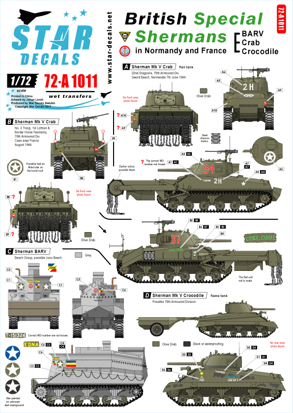 Star Decals 72-A1011 British Special Shermans BARV, Crab, Crocodile 1/72