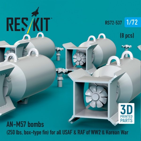 RESKIT RS72-0537 AN-M57 bombs (250 lbs, box-type fin) for all USAF &amp; RAF of WW2 &amp; Korean War (8 pcs) (3D Printed) 1/72