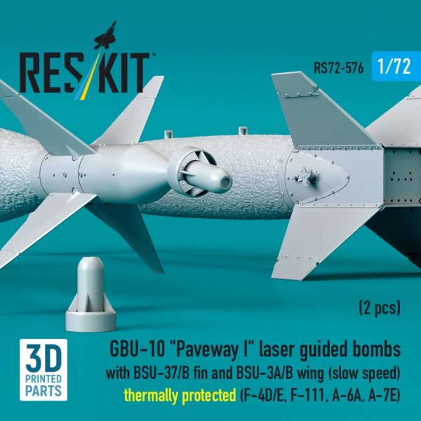 RESKIT RS72-0576 GBU-10 "Paveway I" laser guided bombs with BSU-37/B fin and BSU-3A/B wing (slow speed) thermally protected (2 pcs) (3D Printed) 1/72