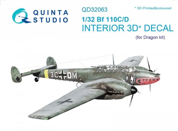 Quinta Studio QD32063 Bf 110C/D 3D-Printed &amp; coloured Interior on decal paper (for Dragon kit) 1/32