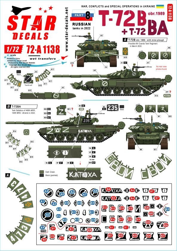 Star Decals 72-A1138 War in Ukraine # 8. Russian T-72B (obr 1989) and T-72BA 1/72