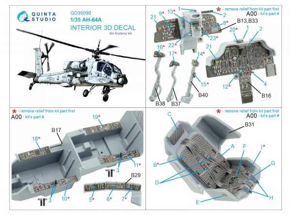 Quinta Studio QD35090 AH-64A 3D-Printed &amp; coloured Interior on decal paper (Academy) 1/35