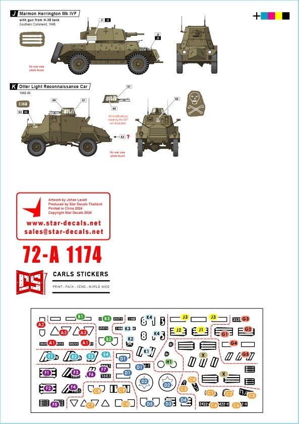 Star Decals 72-A1174 Early IDF markings # 1. Israeli armoured cars and AFVs in 1948-49. Daimler AC Mk 2, Humber AC Mk IV, Humber LRC, Marmon-Herrington Mk IVF, M3 White Scout Car, Humber SC, CMP C15TA. 1/72