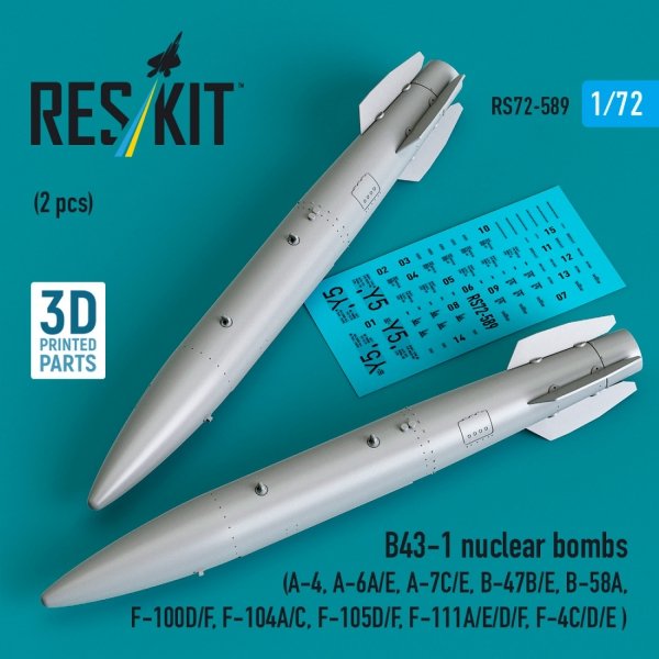 RESKIT RS72-0589 B43-1 nuclear bombs (2 pcs) (A-4, A-6A/E, A-7C/E, B-47B/E, B-58A, F-100D/F, F-104A/C, F-105D/F, F-111A/E/D/F, F-4C/D/E ) (3D Printed) (1/72)