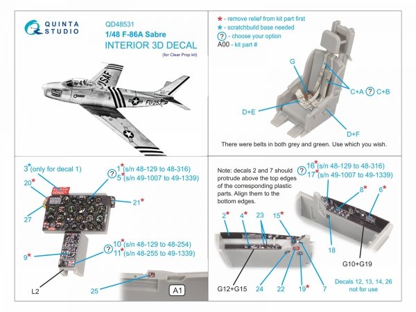 Quinta Studio QD48531 F-86A Sabre 3D-Printed &amp; coloured Interior on decal paper (Clear Prop) 1/48