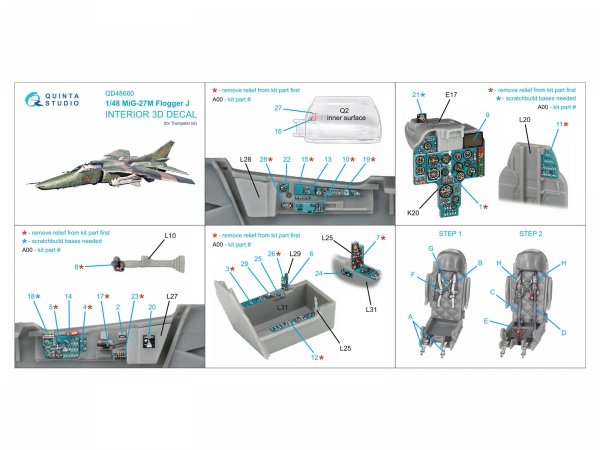 Quinta Studio QD48660 MiG-27M Flogger-J 3D-Printed &amp; coloured Interior on decal paper (Trumpeter) 1/48