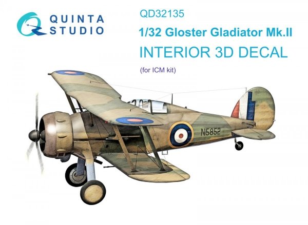 Quinta Studio QD32135 Gloster Gladiator Mk II 3D-Printed &amp; coloured Interior on decal paper (ICM) 1/32