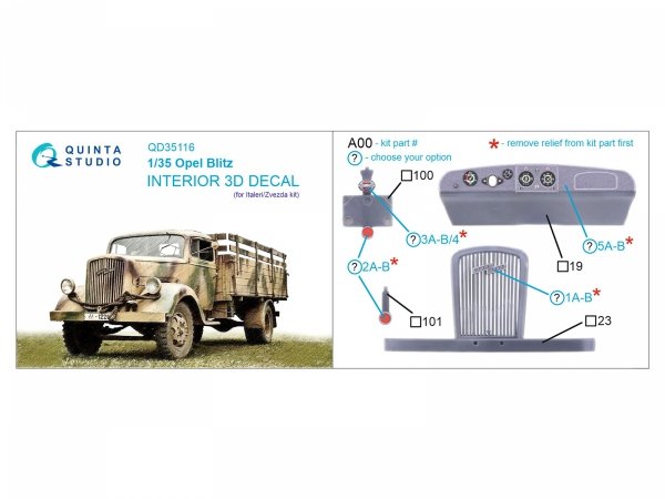 Quinta Studio QD35116 Opel Blitz 3D-Printed &amp; coloured Interior on decal paper (Italeri/Zvezda) 1/35