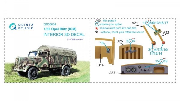 Quinta Studio QD35034 Opel Blitz 3D-Printed &amp; coloured Interior on decal paper (ICM) 1/35