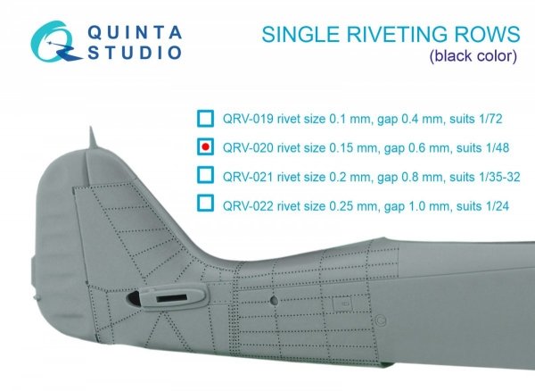 Quinta Studio QRV-020 Single riveting rows (rivet size 0.15 mm, gap 0.6 mm, suits 1/48 scale), Black color, total length 6.2 m/20 ft