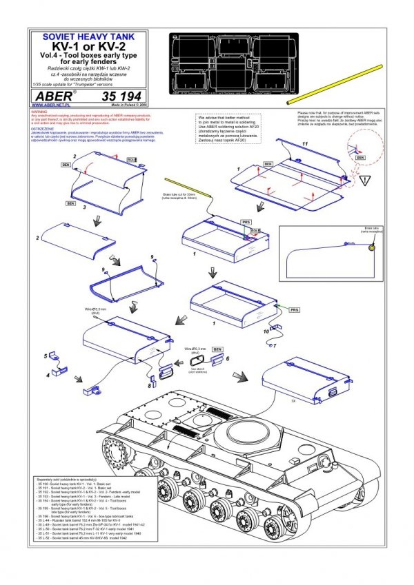 Aber 35194 Russian heavy tank KV-1, KV-2 - vol. 4 - additional set - tool boxes early type for early fenders (1:35)