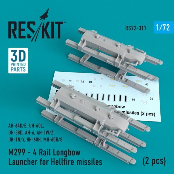 RESKIT RS72-0317 M299 - 4 RAIL LONGBOW LAUNCHER FOR HELLFIRE MISSILES (2 PCS) 1/72