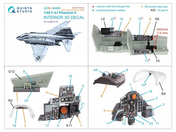 Quinta Studio QDS+48489 F-4J Phantom II 3D-Printed &amp; coloured Interior on decal paper (Academy) (Small version) (with 3D-printed resin parts) 1/48