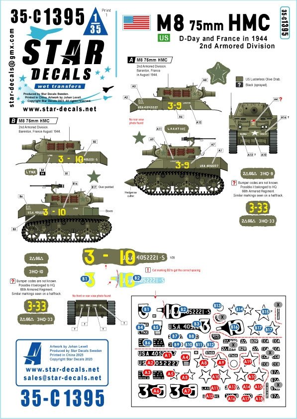 Star Decals 35-C1395 US M8 75mm HMC. D-Day and France in 1944 Laxative and Lynx 1/35