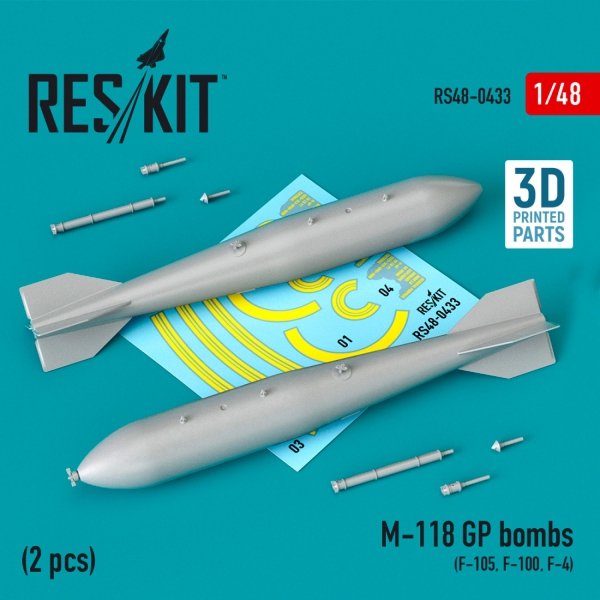 RESKIT RS48-0433 M-118 GP BOMBS (2 PCS) (F-105, F-100, F-4) (3D PRINTED) 1/48