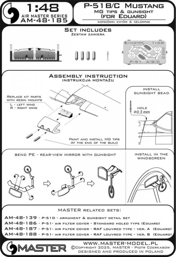 Master AM-48-185 P-51B Mustang - lufy uzbrojenia z żywicznym mocowaniem oraz celownik (do modelu Eduard) 1/48