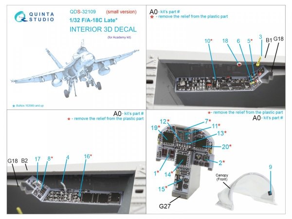 Quinta Studio QDS32109 F/A-18C Late 3D-Printed &amp; coloured Interior on decal paper (Academy) (Small version) 1/32