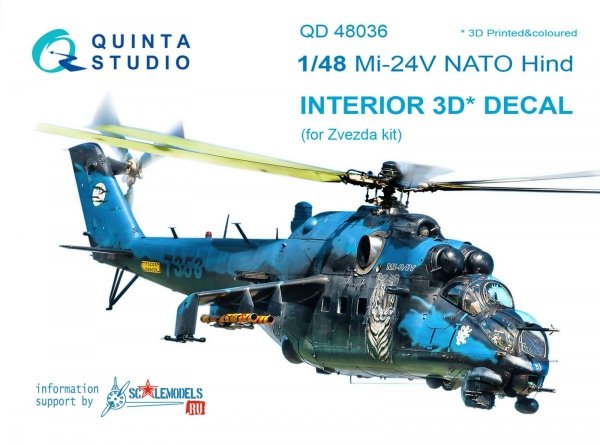 Quinta Studio QD48036 Mi-24V NATO (black panels) 3D-Printed &amp; coloured Interior on decal paper (for Zvezda kit) 1/48