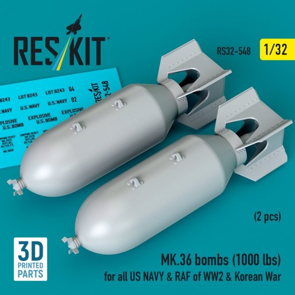 RESKIT RS32-0548 MK.36 bombs (1000 lbs) for all US NAVY &amp; RAF of WW2 &amp; Korean War (2 pcs) (3D Printed) 1/32