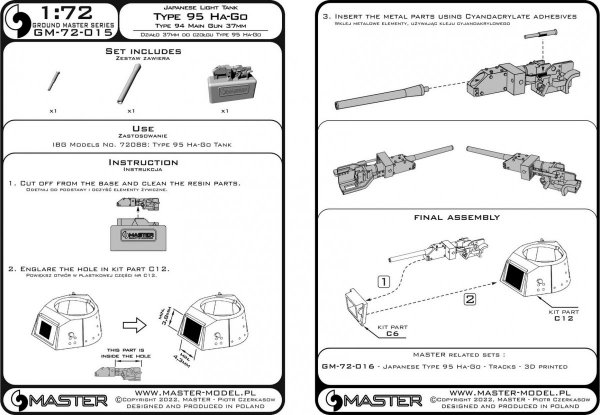 Master GM-72-015 Typ 95 Ha-Go - lufa działa 37 mm Typ 94 z mocowaniem żywicznym (do modelu IBG) 1/72