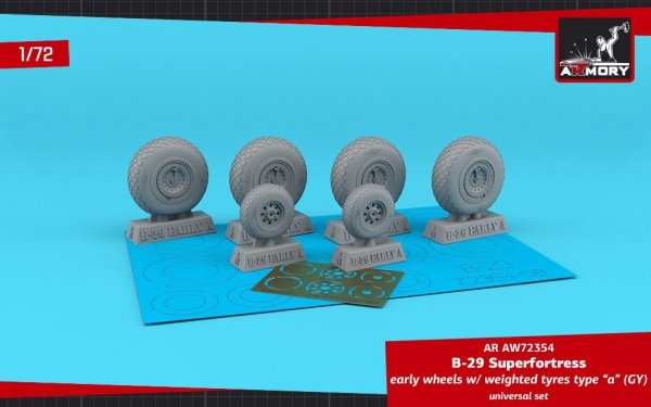 Armory Models AW72354 B-29 Superfortress early production wheels w/ weighted tyres type “a” (GY) &amp; PE hubcaps 1/72
