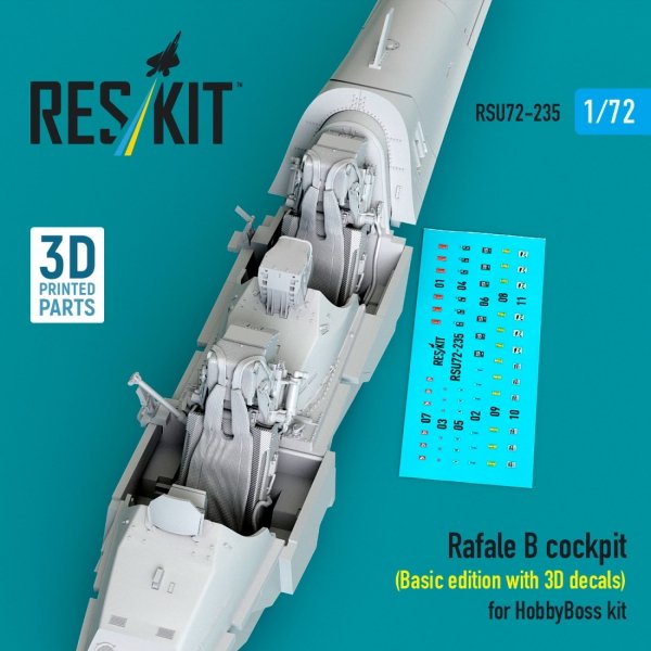 RESKIT RSU72-0235 Rafale B cockpit (Basic edition with 3D decals) for HobbyBoss kit (3D Printed) (1/72)
