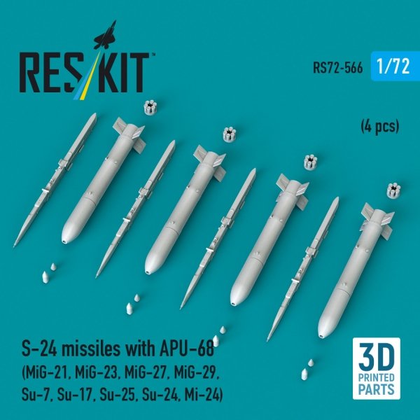 RESKIT RS72-0566 S-24 missiles with APU-68 (4 pcs) (MiG-21, MiG-23, MiG-27, MiG-29, Su-7, Su-17, Su-25, Su-24, Mi-24) (3D Printed) (1/72)