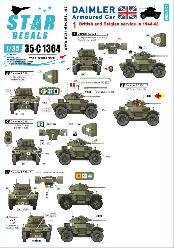 Star Decals 35-C1364 Daimler Armoured Car 1 British and Belgian service in WW2 1/35