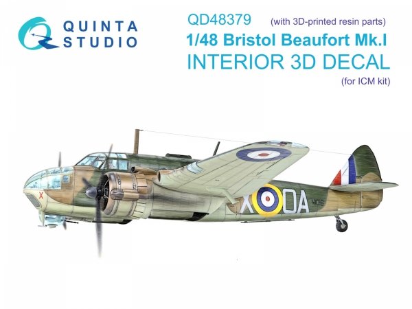 Quinta Studio QD+48379 Bristol Beaufort Mk.I 3D-Printed &amp; coloured Interior on decal paper (ICM) (with 3D-printed resin parts) 1/48