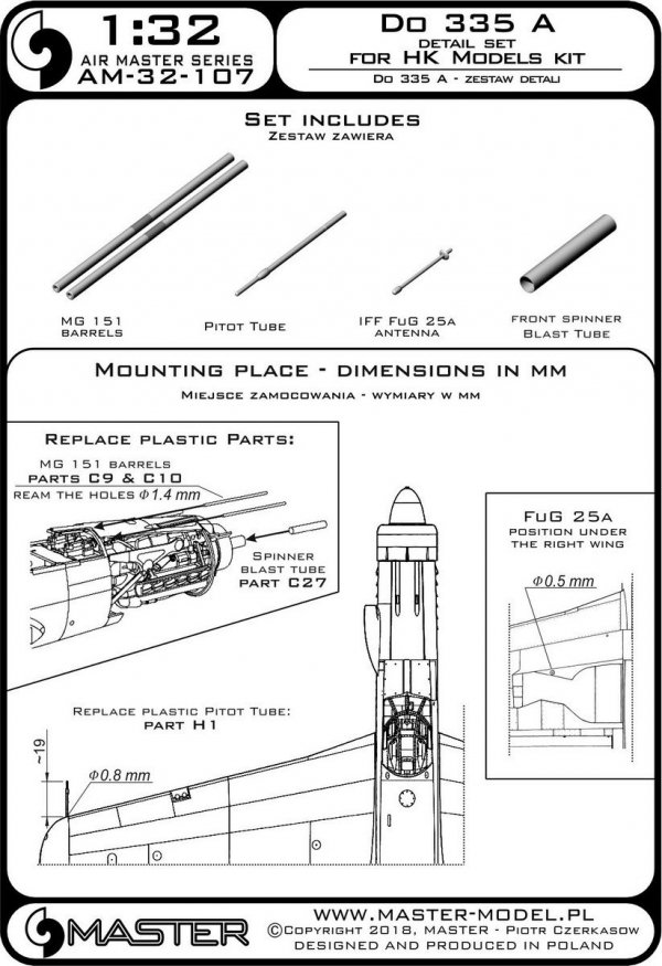 Master AM-32-107 Do 335 A – zestaw detali – MG 151, antena FuG 25a, rurka Pitota (do HK Models) (1:32)