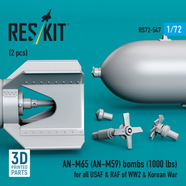 RESKIT RS72-0547 AN-M65 (AN-M59) bombs (1000 lbs) for all USAF &amp; RAF of WW2 &amp; Korean War (2 pcs) (3D Printed) 1/72