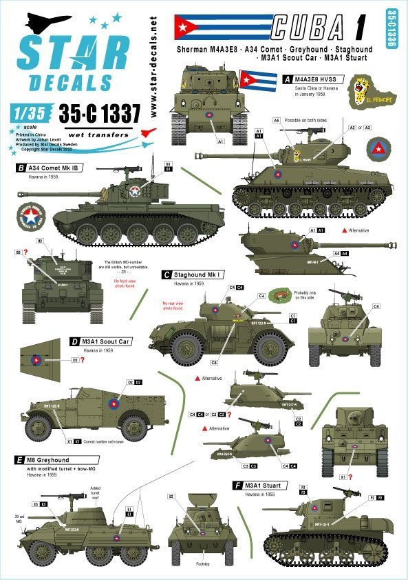 Star Decals 35-C1337 Tanks &amp; AFVs in Cuba # 1. M4A3E8 Sherman, A34 Comet, Staghound, Greyhound, M3A1 Scout Car, M3A1 Stuart.1/35