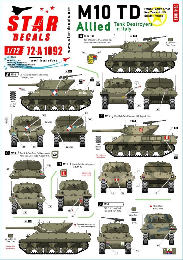 Star Decals 72-A1092 Allied Tank Destroyers in Italy. M10 TD and M10 Achilles. France, South Africa, New Zealand, US, Britain, Poland. 1/72