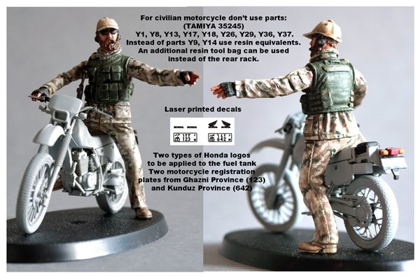 Toro Model 35F136 Żołnierz Na Motocyklu - PKW Afganistan - Figurka Wraz Z Kalkomanią Do Zestawu TAMIYA 35245 1/35
