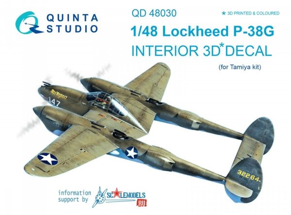 Quinta Studio QD48030 P-38G 3D-Printed &amp; coloured Interior on decal paper (for Tamiya kit) 1/48