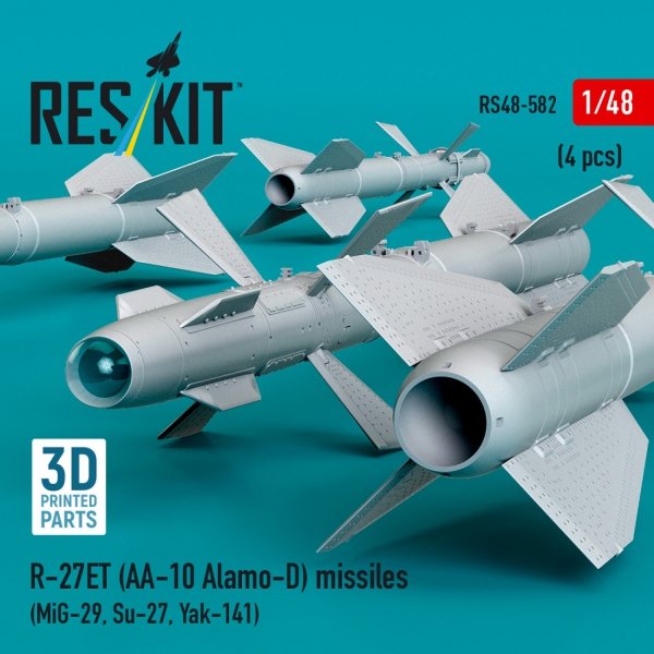 RESKIT RS48-0582 R-27ET (AA-10 Alamo-D) missiles (4 pcs) (MiG-29, Su-27, Yak-141) (3D Printed) (1/48)