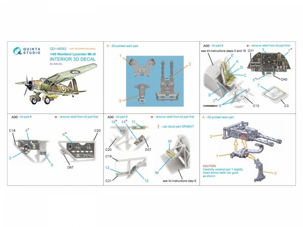 Quinta Studio QD+48583 Westland Lysander Mk.III 3D-Printed &amp; coloured Interior on decal paper (Airfix) (with 3D-printed resin parts) 1/48