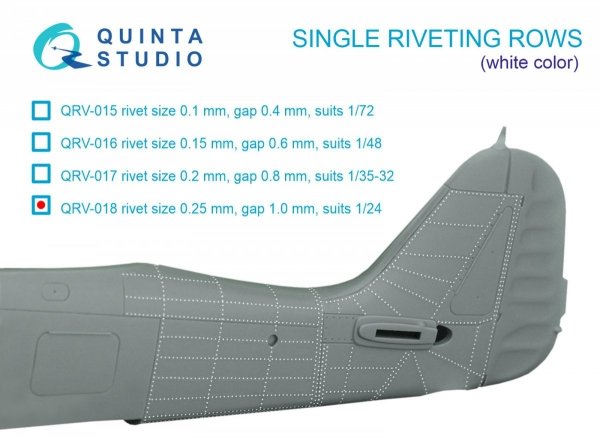 Quinta Studio QRV-018 Single riveting rows (rivet size 0.25 mm, gap 1.0 mm, suits 1/24 scale), White color, total length 5,8 m/19 ft