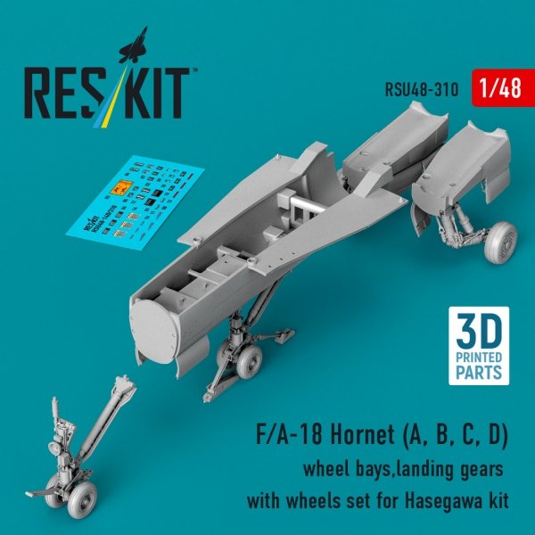 RESKIT RSU48-0310 F/A-18 Hornet (A, B, C, D) wheel bays, landing gears with wheels set for Hasegawa kit (3D Printed) (1/48)