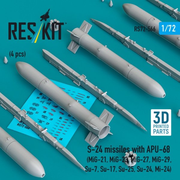 RESKIT RS72-0566 S-24 missiles with APU-68 (4 pcs) (MiG-21, MiG-23, MiG-27, MiG-29, Su-7, Su-17, Su-25, Su-24, Mi-24) (3D Printed) (1/72)
