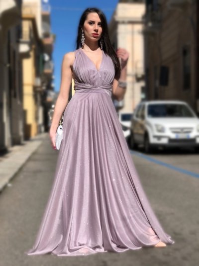 Suknia wieczorowa, długa – Kolor Liliowy - Odkryte plecy