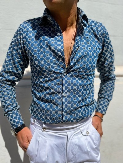 Koszula męska, jeansowa –  kolorowa fantazja - Paul Martin