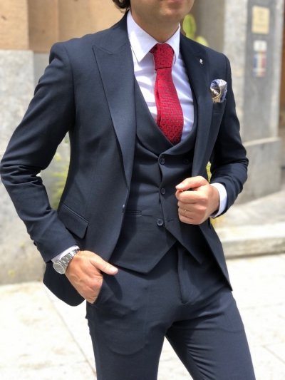 Elegancki garnitur męski, Trzyczęściowy - Granatowy - Made in Italy